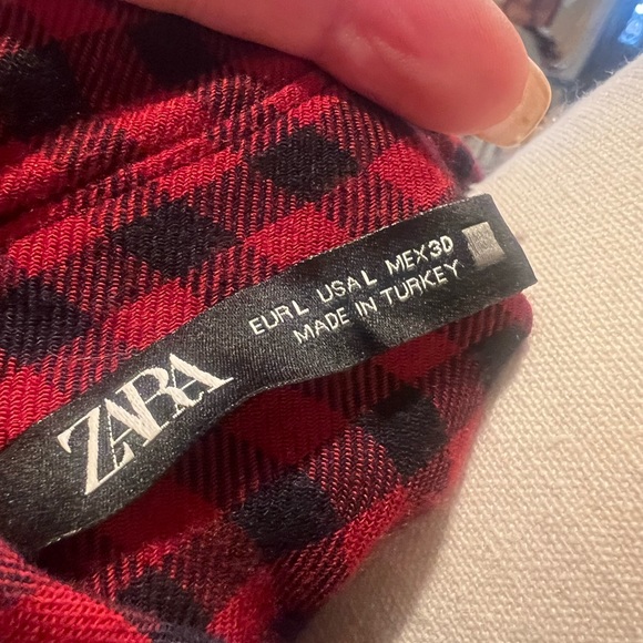 Zara Buffalo plaid red/black checkered baby doll tiered long sleeve mini dress L - Picture 4 of 6